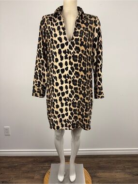 ZARA BASIC Leopard Print V-Neck Shift Shirt Dress Long Sleeve Mini XS